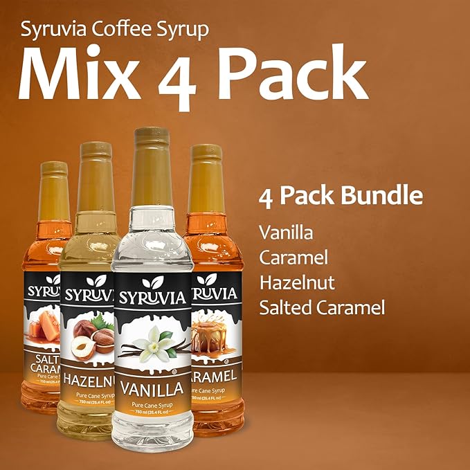 Syruvia Coffee Syrup Variety Pack Vanilla Caramel Hazelnut &amp Salted Caramel Kosher 25.4 fl oz bottles - Elevate Your Coffee Experience!