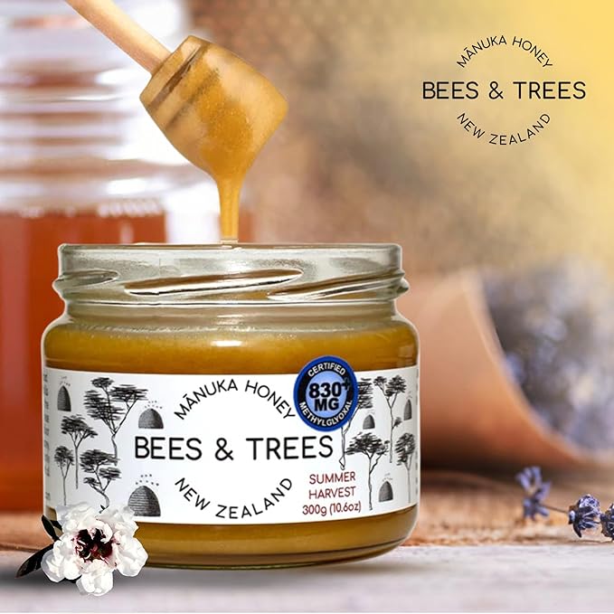 Bees &amp Trees Manuka Honey 830+ MGO - Raw Pure New Zealand Monofloral Honey – Unpasteurized &amp Natural Unfiltered Manuka for Tea Coffee Dressings Smoothies &amp Daily Use – Glass Jar 300g (