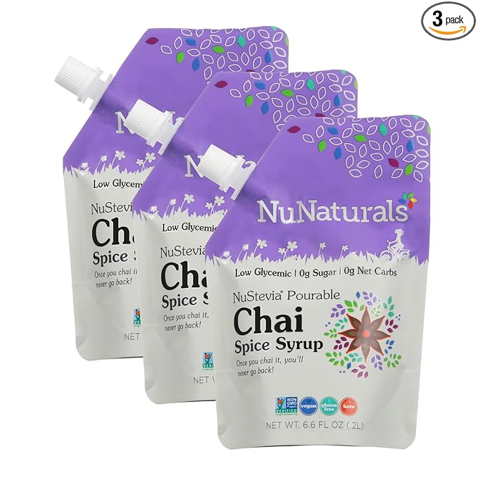 NuNaturals Stevia Syrup Sugar-Free Sweetener Plant-Based Sugar Substitute Zero Calorie Chai Spice 6.6 oz (3-Pack)