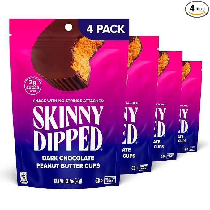 SkinnyDipped Dark Chocolate Peanut Butter Cups 2g Sugar per Cup Keto Friendly Low Carb Gluten Free 3.2oz 4 Pack (24 Cups Total)