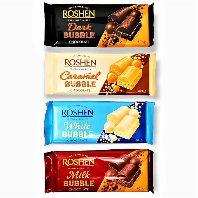 Roshen Aerated Flavors of Dark Milk Caramel White Variety Pack of Chocolate Bars Kosher and Halal 85 grams