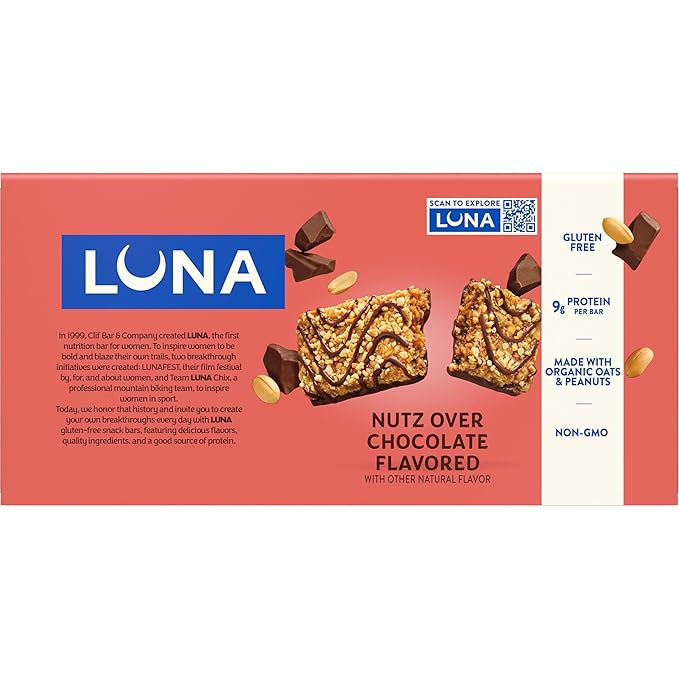 LUNA Bar - Nutz Over Chocolate Flavor - Gluten-Free - Non-GMO - 7-9g Protein - Made with Organic Oats - Low Glycemic - Whole Nutrition Snack Bars - 1.69 oz. (15 Count)