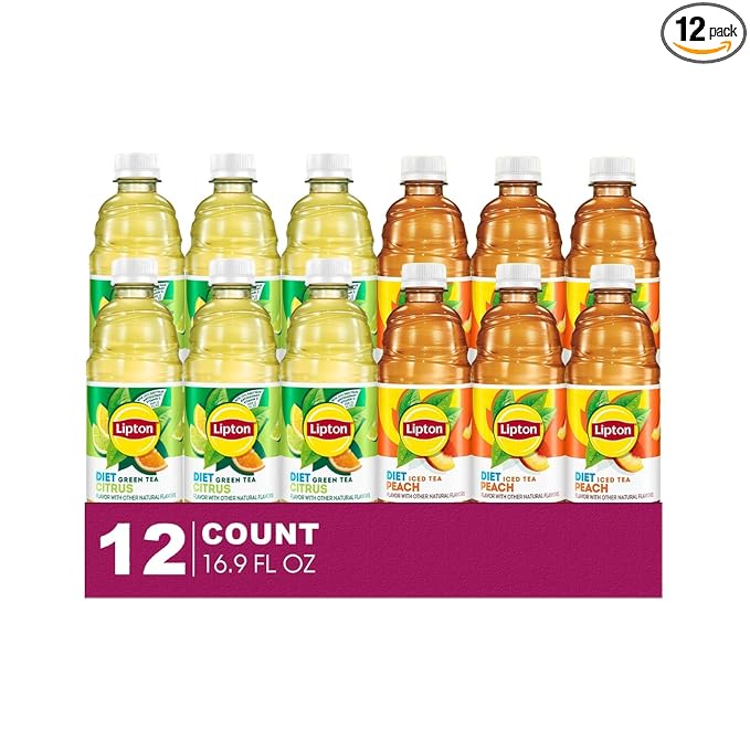 Lipton Diet 12-Pack 6 Diet Citrus Iced Green Tea + 6 Diet Peach Iced Black Tea Plastic Bottle 16.9 fl oz