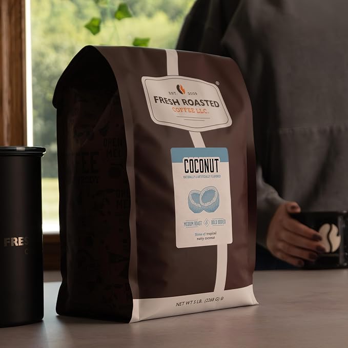 Fresh Roasted Coffee Coconut Flavored Coffee 5 lb (80 oz) Medium Roast Kosher Ground