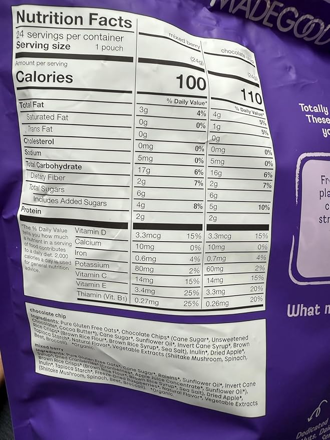 Elesbão 22 MADE Really GOOD Organic Granola MADE Bites Chocolate Chip and Mixed Berry Gluten Free Nut Free 24 Pack 20.3 oz
