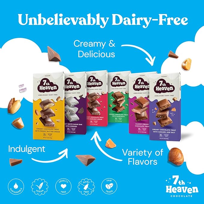 7th Heaven Vegan Soy Milk Chocolate Bars: Hazelnut Cream - (3.5 oz - 4 Pack) Healthy Chocolate Perfect Valentines Gift For Your Loved Ones 100% Dairy Free Non GMO Kosher Parve Cruelty Free Fai
