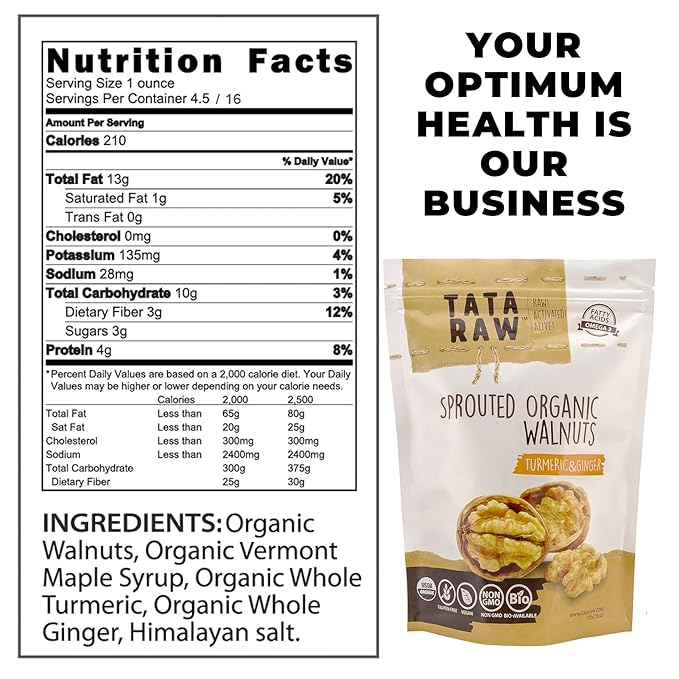 TATA RAW - Organic Sprouted Maple Walnuts - Turmeric Ginger - 1 lb