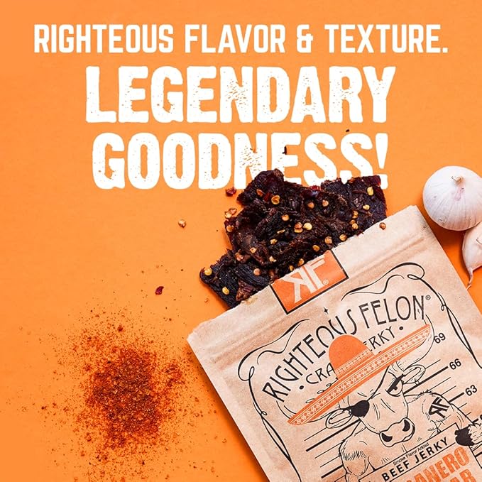 Righteous Felon Beef Jerky - Habanero Escobar Jerky - Gluten-Free Snacks - All-Natural Locally Sourced &amp Dried Beef - Low-Sugar High-Protein Healthy Snacks - 2 Ounces Each Pack of 8