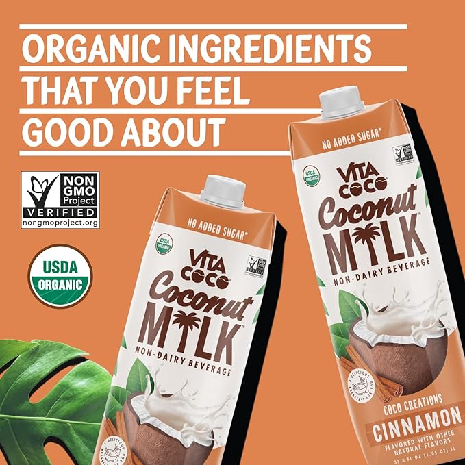 Vita Coco Cinnamon Organic Coconut Milk Plant Based Dairy Free Milk Alternative - Gluten Free Soy Free and Unsweetened - Perfect Add to Cereal Smoothies Desserts - 33.8 Fl Oz (Pack of 6)