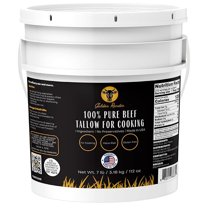100% Pure Beef Tallow for Cooking &amp Deep Frying - 7lb Bulk Size - Food Grade Non-GMO | Nose to Tail | Made in USA | Gluten-Free | Great For Roasting Baking Cast Iron Seasoning Candles &amp So
