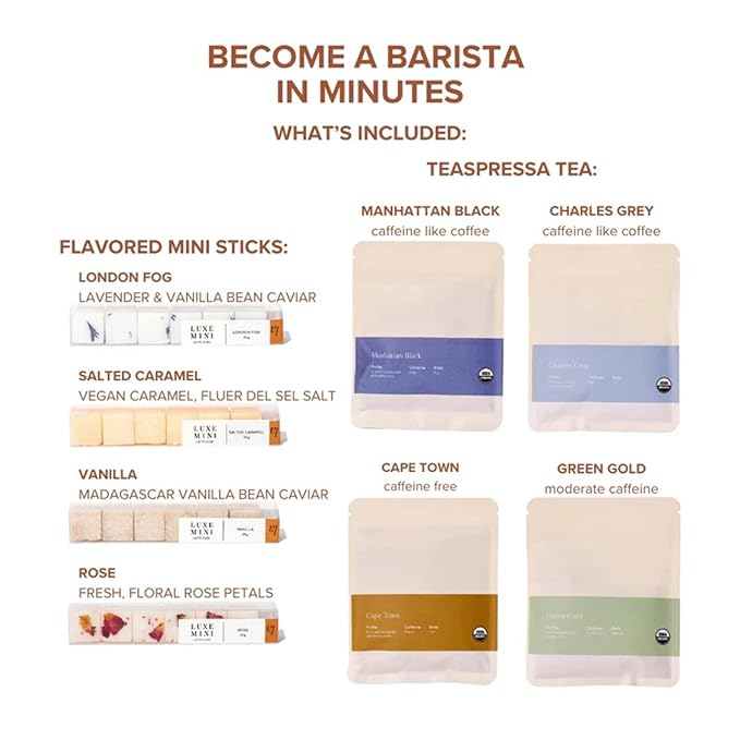 Tea Latte Sampler Kit by Teaspressa – 4 Signature Organic Tea Blends + 4 Luxe Sugar Cubes – Make at Home - Manhattan Black Earl Grey Green &amp Rooibos Tea – Salted Caramel Vanilla London Fog &am