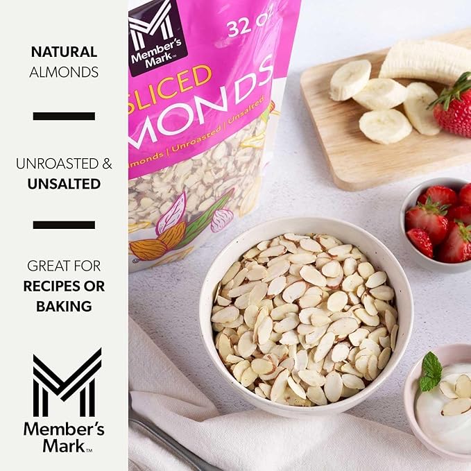Member Mark Natural Sliced California Almonds 32 oz | Fresh Raw Unsalted Almond Slices | Gluten-Free Non-GMO Great for Baking Salads &amp Snacking.