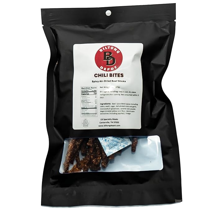 Biltong Depot Chili Bites - 8oz | Thin Sliced Air-Dried Beef Sticks | Spicy Beef Jerky Snack | High Protein | Keto &amp Paleo Friendly | Zero Sugar | Gluten Free