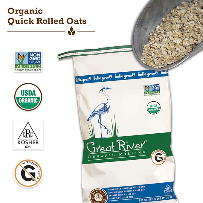 Great River Organic Milling Organic Quick Cooking Rolled Oats | USDA Organic Non-GMO Kosher | Whole Grain Oatmeal for Breakfast &amp Baking | Ideal for Cookies Granola &amp More | 25 Lb