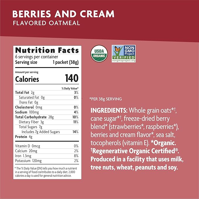 Nature's Path Organic Regenerative Organic Certified Berries &amp Cream Instant Oatmeal 8 oz (Pack of 6) Non-GMO