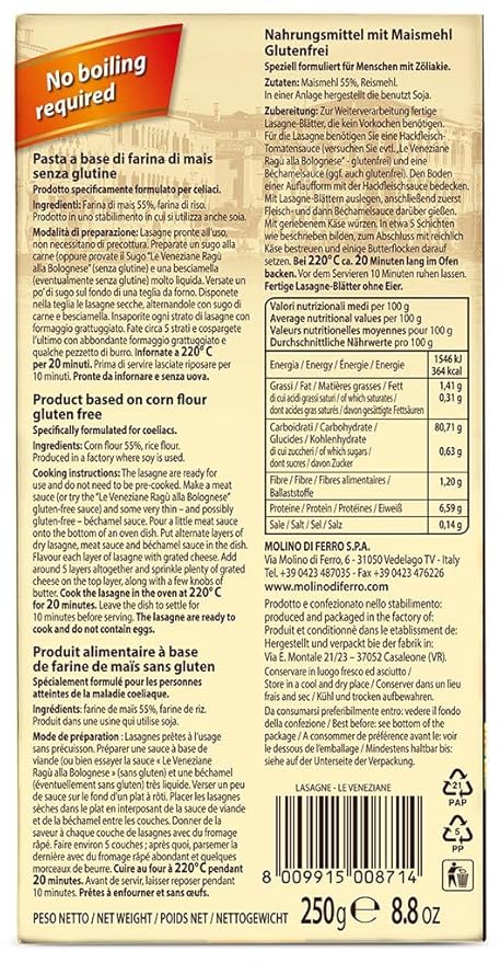 Lasagna Pasta Gluten Free 250g | Authentic Italian Pasta Sheets for Baking | Premium Quality Corn &amp Rice Blend | Non-GMO | Made in Italy [Pack of 4]
