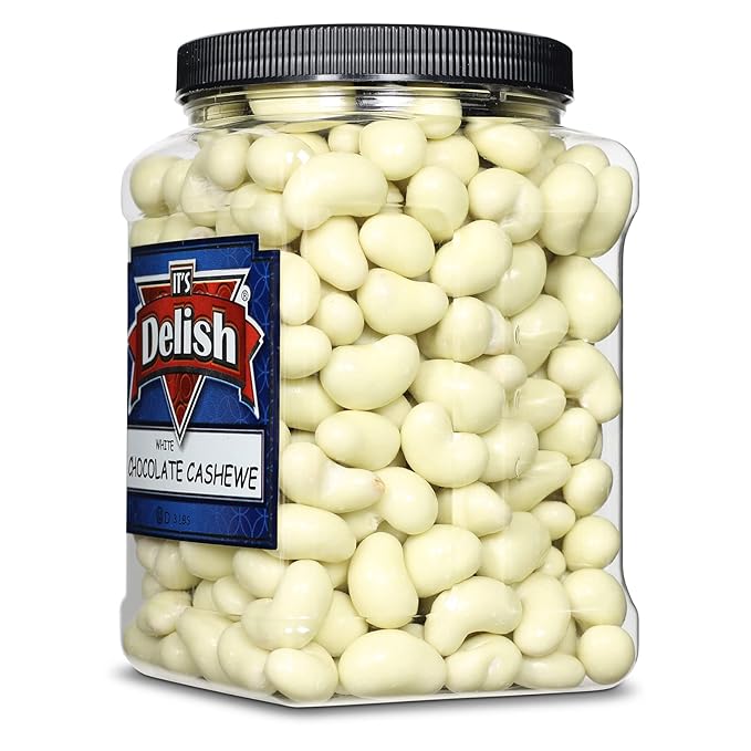 Gourmet White Chocolate Covered Cashews by Its Delish 3 LBS Jumbo Reusable Container | White Milk Chocolate Coated Cashew Nuts Kosher Dairy