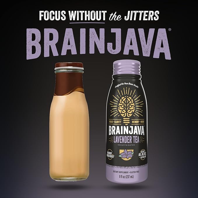 Brainjava Lavender Tea Ready to Drink Beverage With L-Theanine Vitamin C Vitamin B and Potassium for Daily Balance and Wellness Caffeine Free French Lavender With Blueberry Fruit 8 Fl Oz 4 Pac