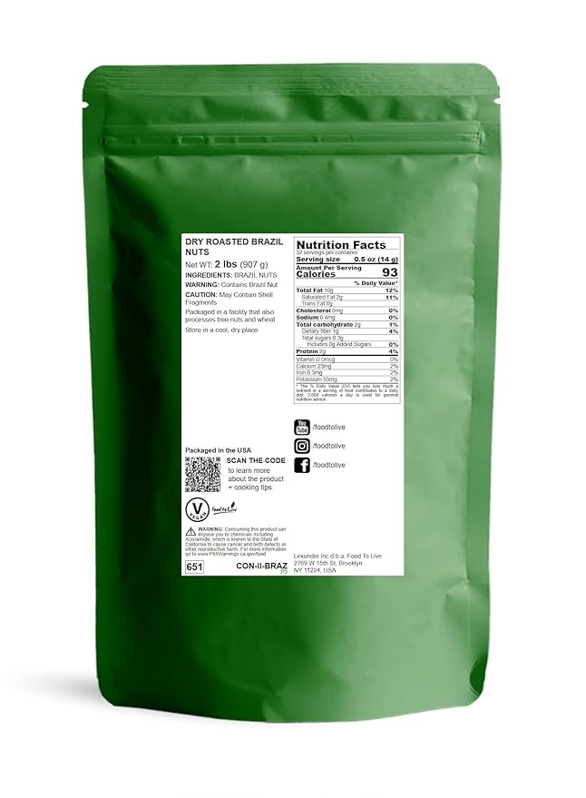 Food to Live Dry Roasted Brazil Nuts 2 Pounds – Unsalted Whole Oven Roasted Brazilian Nuts No Oil Added Shelled Vegan Kosher Bulk. Good Source of Protein and Essential Fatty Acids. Crunchy Sna