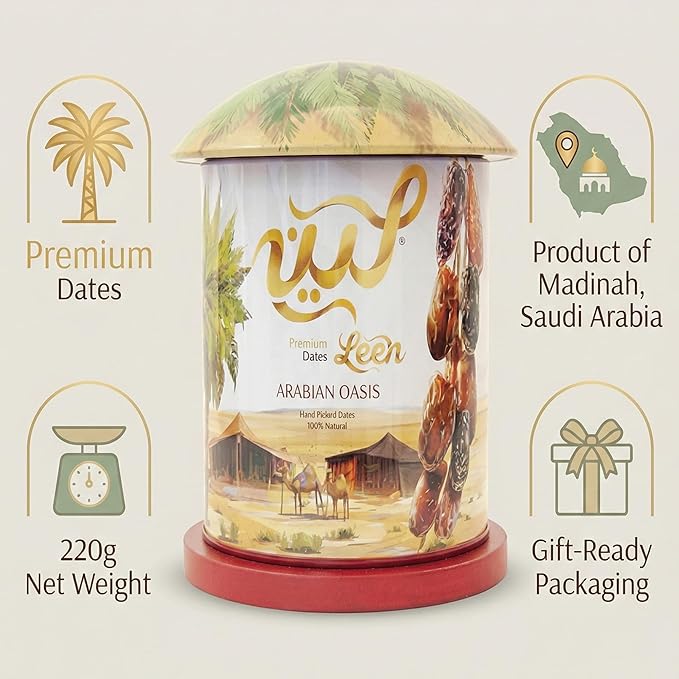 LEEN Premium Golden Mix Dates from Madinah Saudi Arabia – Ajwa Safawi Sagaie Khodhri &amp Mabroom | Arabian Oasis Gift Can | Handpicked Assorted Dates | Natural &amp Fresh | 220g