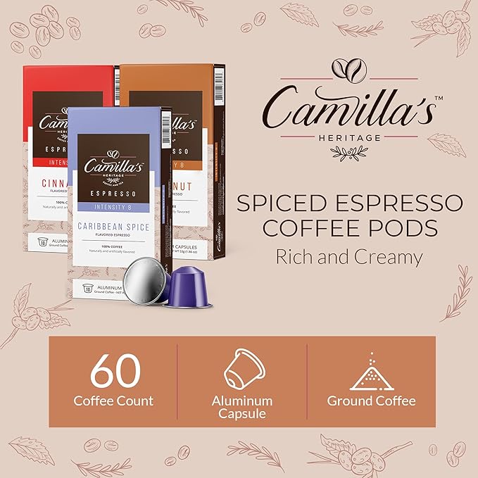 Camilla’s Heritage - Intensity 8 Flavored Espresso Coffee Spiced Variety Pack (Caribbean Spice Cinnamon &amp Hazelnut Espresso Cups) 60 Coffee Pods