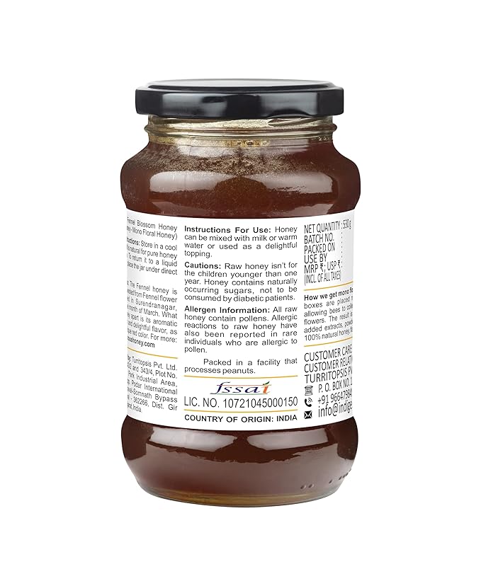 INDIGENOUS HONEY Fennel Saunf Honey Raw Organic Natural Pure Unprocessed NMR Tested Unpasteurized Unheated 530g Glass Jar Pack of 1