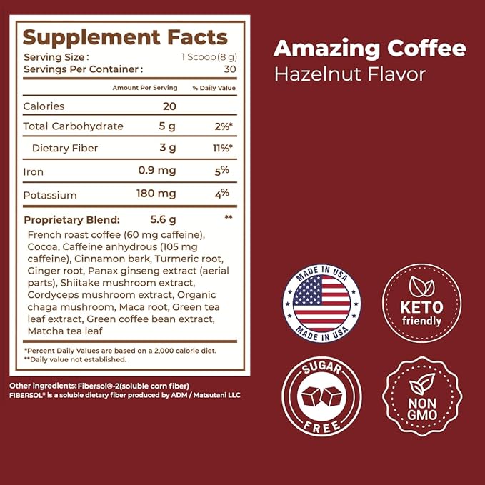 Superfoods Company | Amazing Coffee - Instant French Roast | Adaptogenic Mushrooms Superfoods - Energy Focus Digestion Immunity - 30 Servings - Hazelnut Flavor