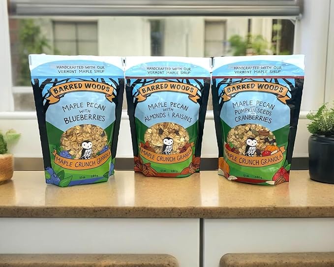 Barred Woods Maple Crunch Granola - Maple Pecan with Blueberries - Sweetened With Only Our Own Vermont Organic Maple Syrup and Maple Sugar - 10oz Bag (Case of 3 Bags)