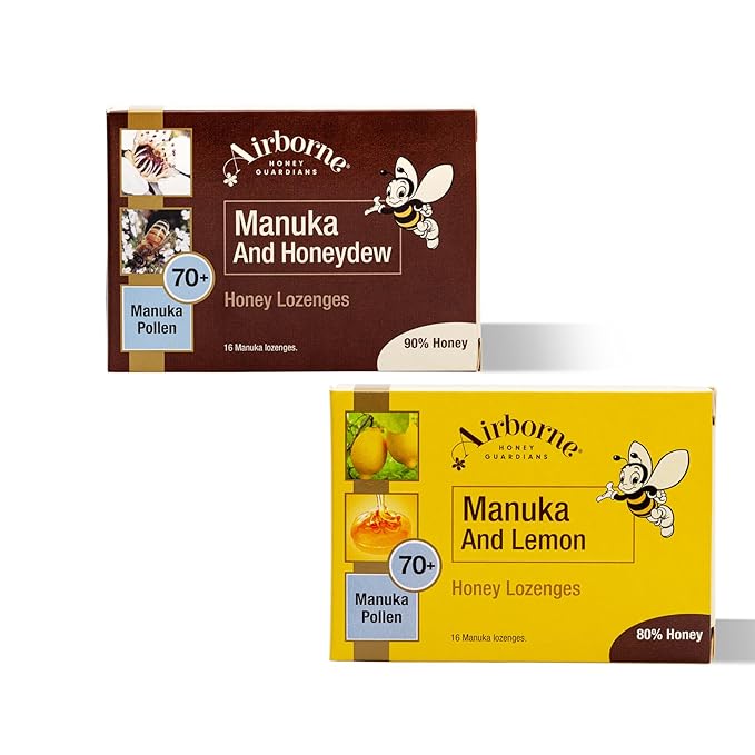Airborne Manuka Honey Starter Pack 500g Manuka 70+ Monofloral Honey 500g Manuka 50+ Multifloral Honey 1-16-pack Manuka and Honeydew Lozenges and 1-16-pack Manuka and Lemon Lozenges