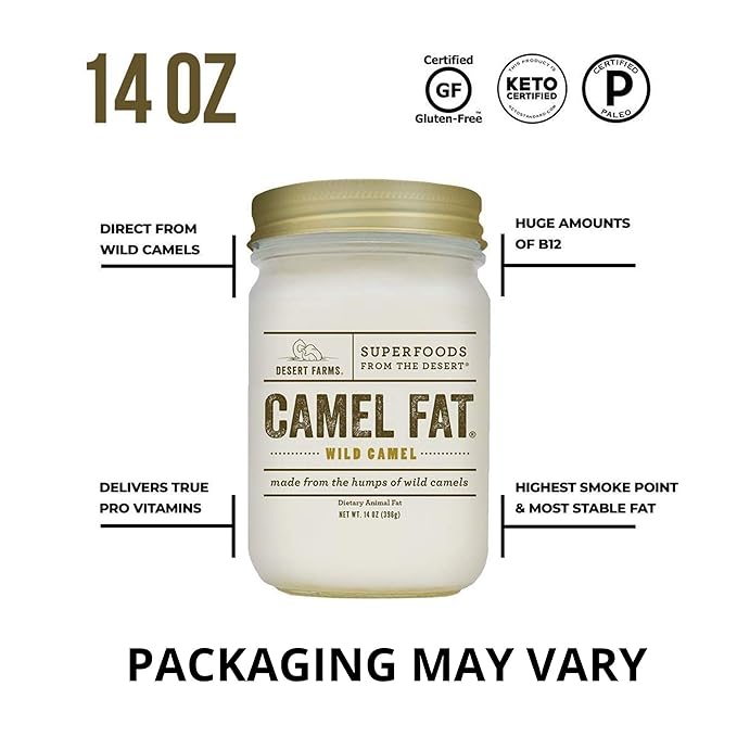 Desert Farms - Real Organic Cooking Camel Hump Fat - Halal Paleo and Keto Certified - Quickly Melting Use For Fry [High Smoke Point] - 31 Fatty Acids &amp Gluten-Free - Made In The USA [14 oz]