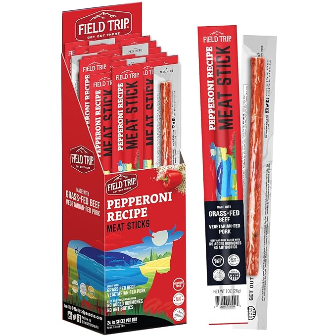Field Trip Grass Fed Pepperoni Jerky Snack Sticks Keto Paleo Gluten Free Allergy Friendly Snack High Protein 100 Calorie Snack 1oz 24 Pack