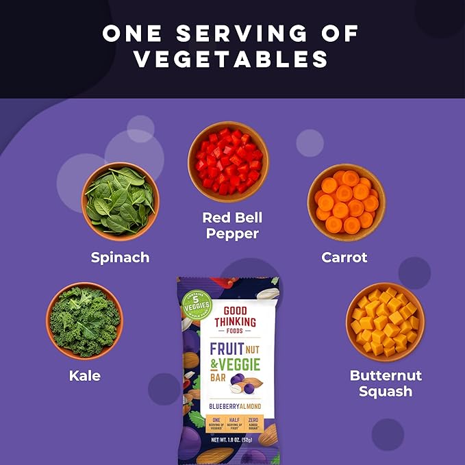 Good Thinking Foods Fruit &amp Veggie Bars-Blueberry Almond | Vegetarian High Fiber (12g) Whole Food Bar Organic Fruit Real Vegetables Healthy Fats Antioxidants No Added Sugar Great Tasting