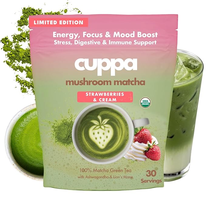 Cuppa Strawberries &amp Cream Matcha - Great tasting ceremonial matcha with mushrooms adaptogens &amp superfoods - Lion's Mane Ashwagandha Cordyceps MCT &amp Prebiotic Fiber . Supports natural