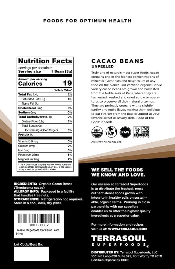 Terrasoul Superfoods Raw Organic Criollo Cacao Beans 2 Lbs (2 Pack)