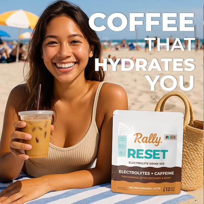 Rally Reset Instant Coffee Packets – Salted Caramel Latte Mix with MCT Oil Caffeine Vitamin B12 &amp Vitamin C – Functional Single-Serve Coffee Sticks Low Sugar | 24 Sticks