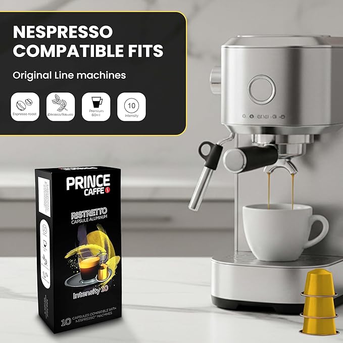 Prince Caffe Espresso Pods – Ristretto Intensity 10 Dark Roast The Espresso Coffee Pods Are Compatible with Nespresso Original Line Machines 30 Count (3 x 10 Capsules) Premium Quality Coffee Capsul