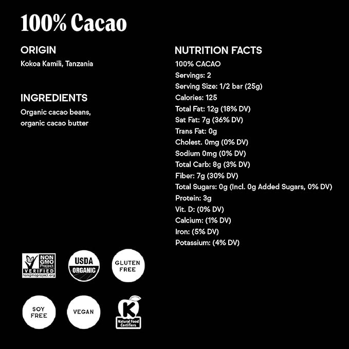 Raaka Chocolate 100% Cacao Sugar Free Dark Chocolate | Gourmet Dark Chocolate Gift | Organic Vegan Fair Trade Soy Free Non GMO Gluten Free Kosher Keto Paleo | 1.8oz Bars 12-Pack