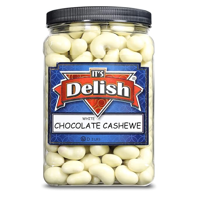 Gourmet White Chocolate Covered Cashews by Its Delish 3 LBS Jumbo Reusable Container | White Milk Chocolate Coated Cashew Nuts Kosher Dairy