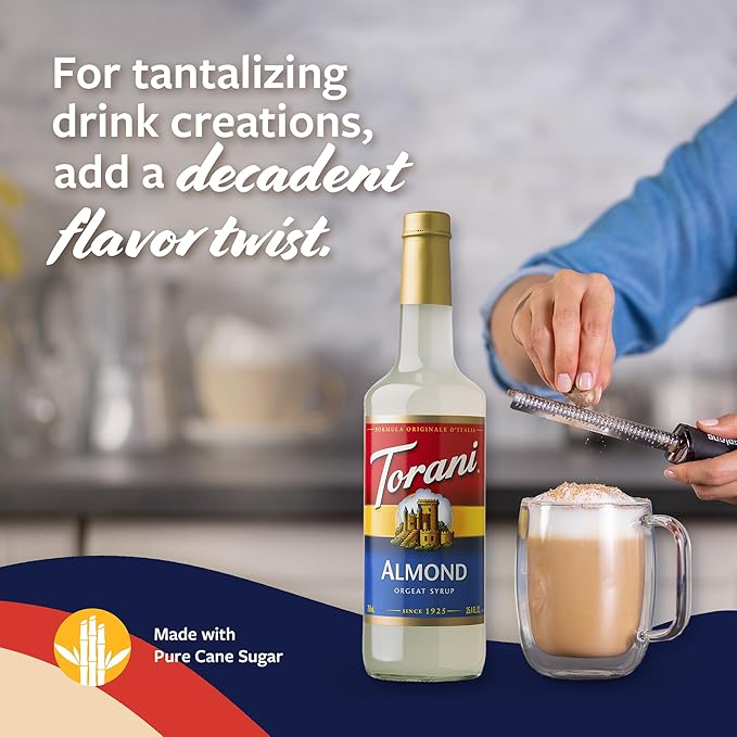 Torani Coffee Syrup Almond Orgeat Flavored Syrup for Drinks Glass Bottle 4-Pack Pumps Included 25.4 Oz Ea