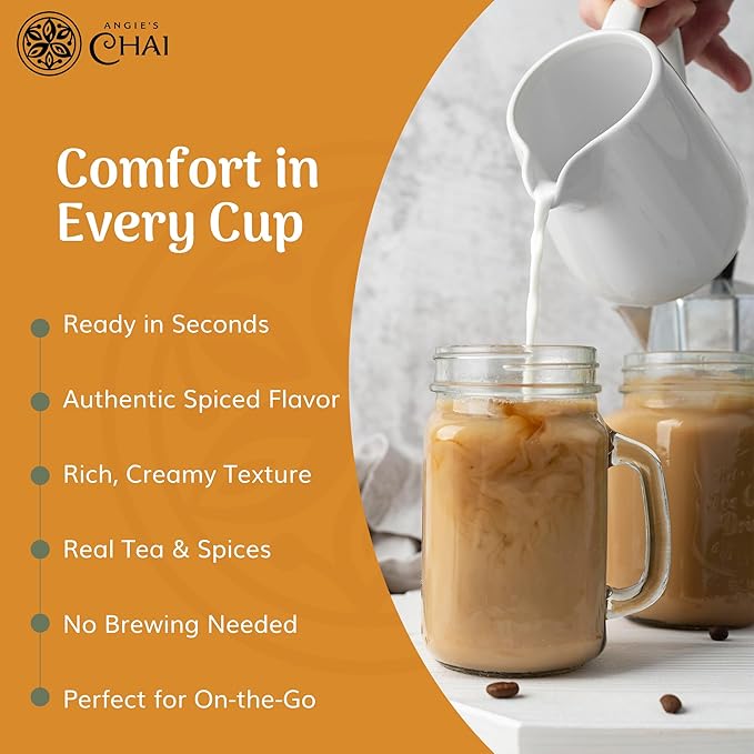 Angie's Chai Sweet &amp Spicy Organic Instant Chai Tea Powder - Made in USA Delicious Spiced Chai Powder Mix 30 Servings 80 Calories Handcrafted Free of Artificial Ingredients Natural Indian Sp