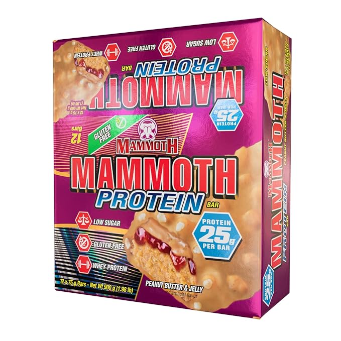 MAMMOTH Protein Bar 25g Protein Low Sugar Low Carb Gluten Free 12 x 65g (12 Count Peanut Butter &amp Jelly)