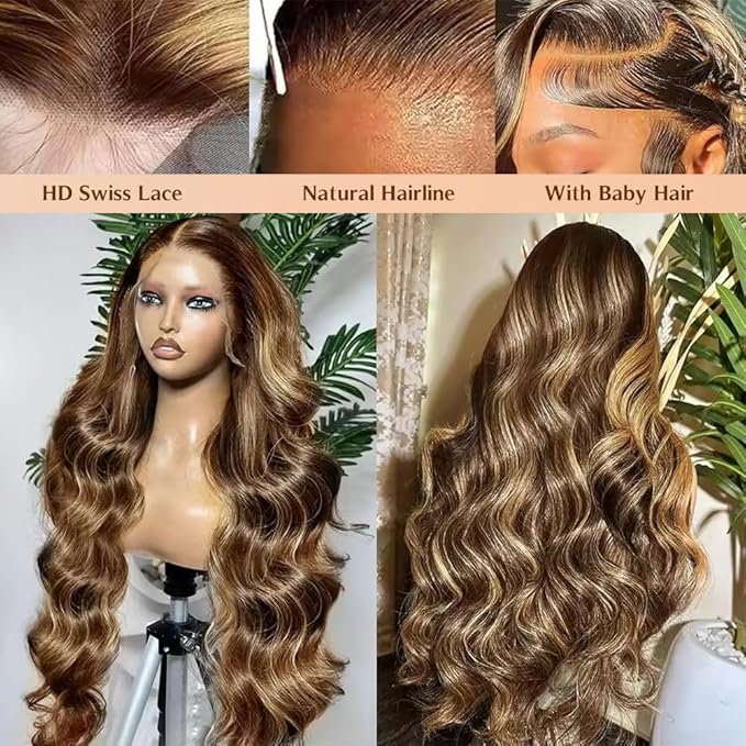 32 Inch Highlight Ombre Lace Front Wig Human Hair 13X4 HD Honey Blonde Wig Human Hair 4/27 Colored Body Wave Lace Frontal Wigs Human Hair Glueless Pre Plucked Wigs With Baby hair