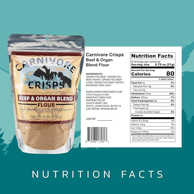 Carnivore Crisps Grass-Fed and Finished Beef and Organ Blend Flour Premium Beef flour for Cooking and Seasoning Rich in Protein Paleo &amp Keto Friendly 6 oz