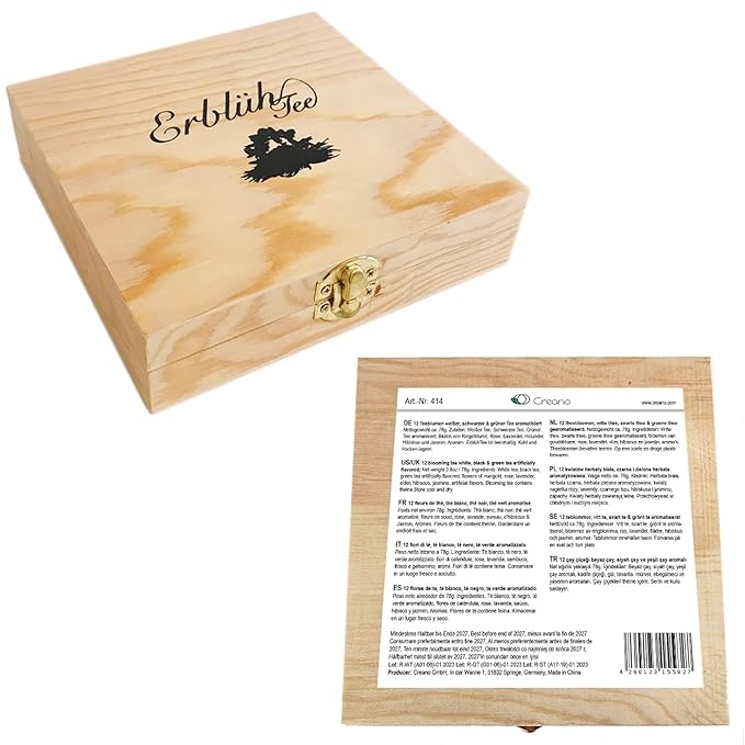 Creano Abloom Tea - Blooming Gift Set in Wooden Box - 12pcs Green White &amp Black Tea
