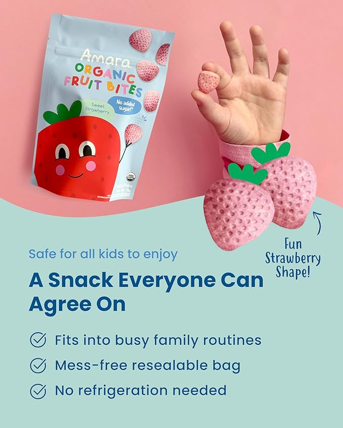 Amara Organic Fruit Bites Sweet Strawberry - No Added Sugar Dairy-Free Nut-Free Organic Fruit Snacks Made with Organic Whole Foods Allergy-Friendly Healthy Fruit Snacks for Kids - 21g 6PK