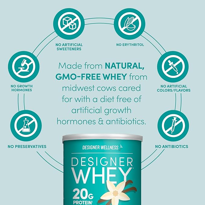 Designer Wellness Designer Whey Natural Whey Protein Powder with Probiotics Fiber and Key B-Vitamins for Energy Gluten-Free French Vanilla 12oz