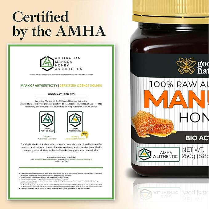 Good Natured Manuka Honey (MGO 1200+) - Highest Grade Raw Manuka Honey Medical Grade Non-GMO Lab-Tested &amp AMHA Certified BPA-free 8.8 oz