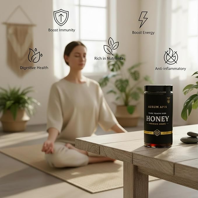 Aurum Apis Raw Yemeni Sidr Honey 100% Raw Unfiltered Pure Honey Hand Harvested Organic Honey Non-GMO Unprocessed Certified Organic Honey from Sidr Tree Blossoms Rich Flavor &amp Aroma Honey Jar