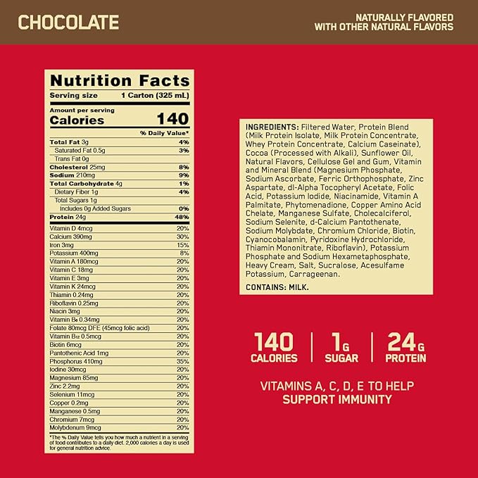 Muscle Milk Genuine Shake Strawberry 11.16 Fl Oz Bottles (12 Pack) &amp Optimum Nutrition Protein Shake Chocolate 24g Protein 11 Fl Oz (12 Count)