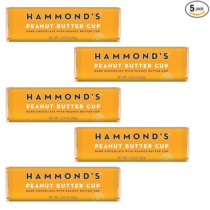 Hammond’s Candies Gourmet Chocolate Candy Bars – Peanut Butter Cup | Rich Dark Chocolate &amp Peanut Butter Chocolate Bar Premium Ingredients Certified Kosher Handcrafted in the USA | Pack of 5